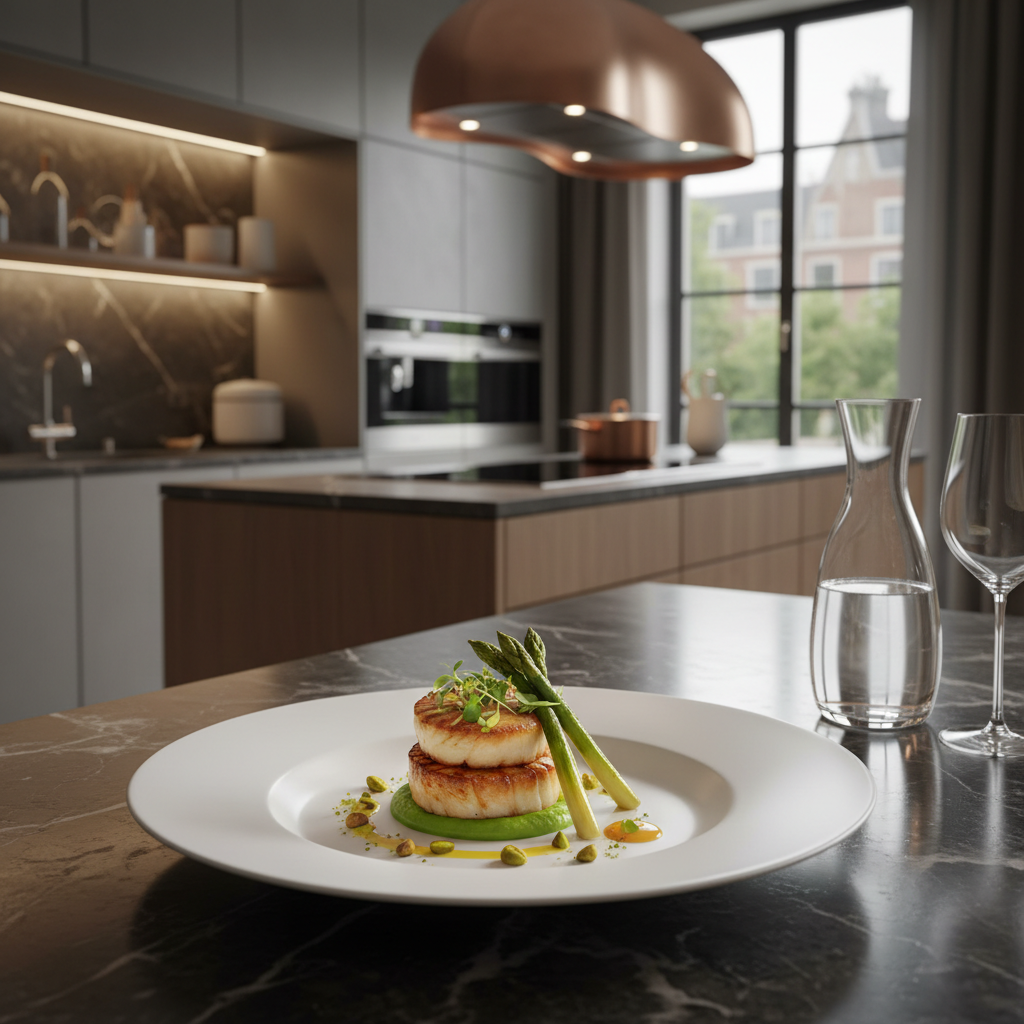 An appealing, fresh dish showcased in an upscale, modern kitchen setting. The image should evoke elegance, gourmet quality, and a refined atmosphere.