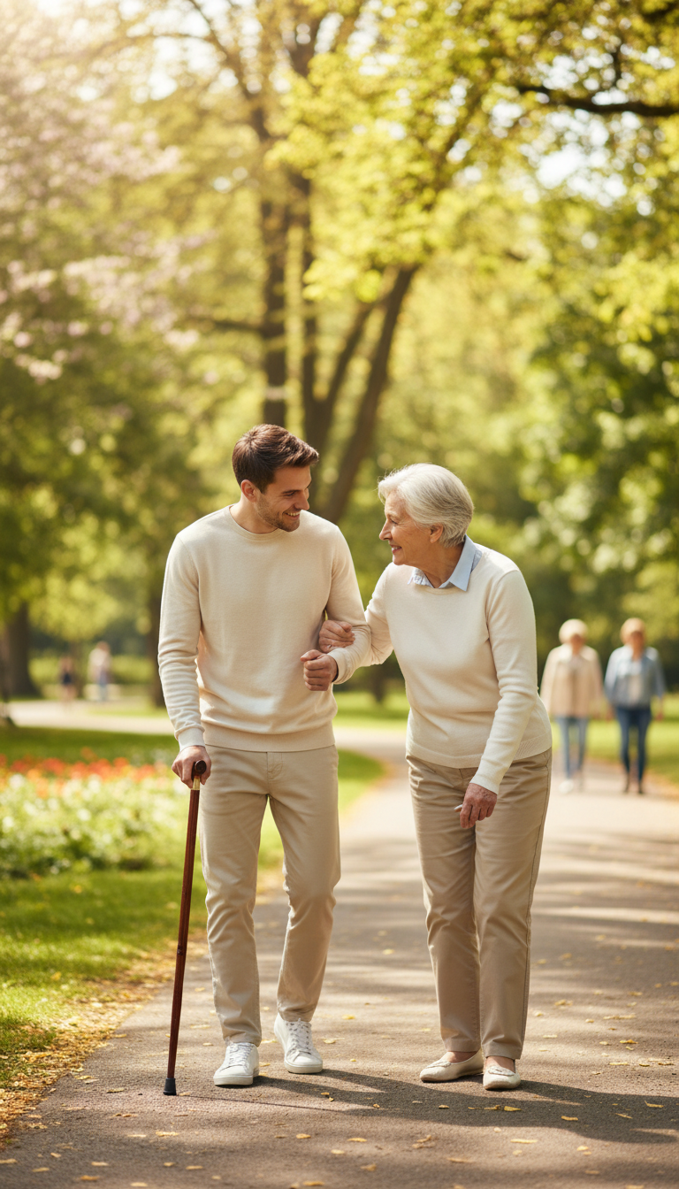 caring person helping elderly person walk, realistic high-quality stock photo style, warm and friendly, bright natural light, gently supporting an older adult outdoors